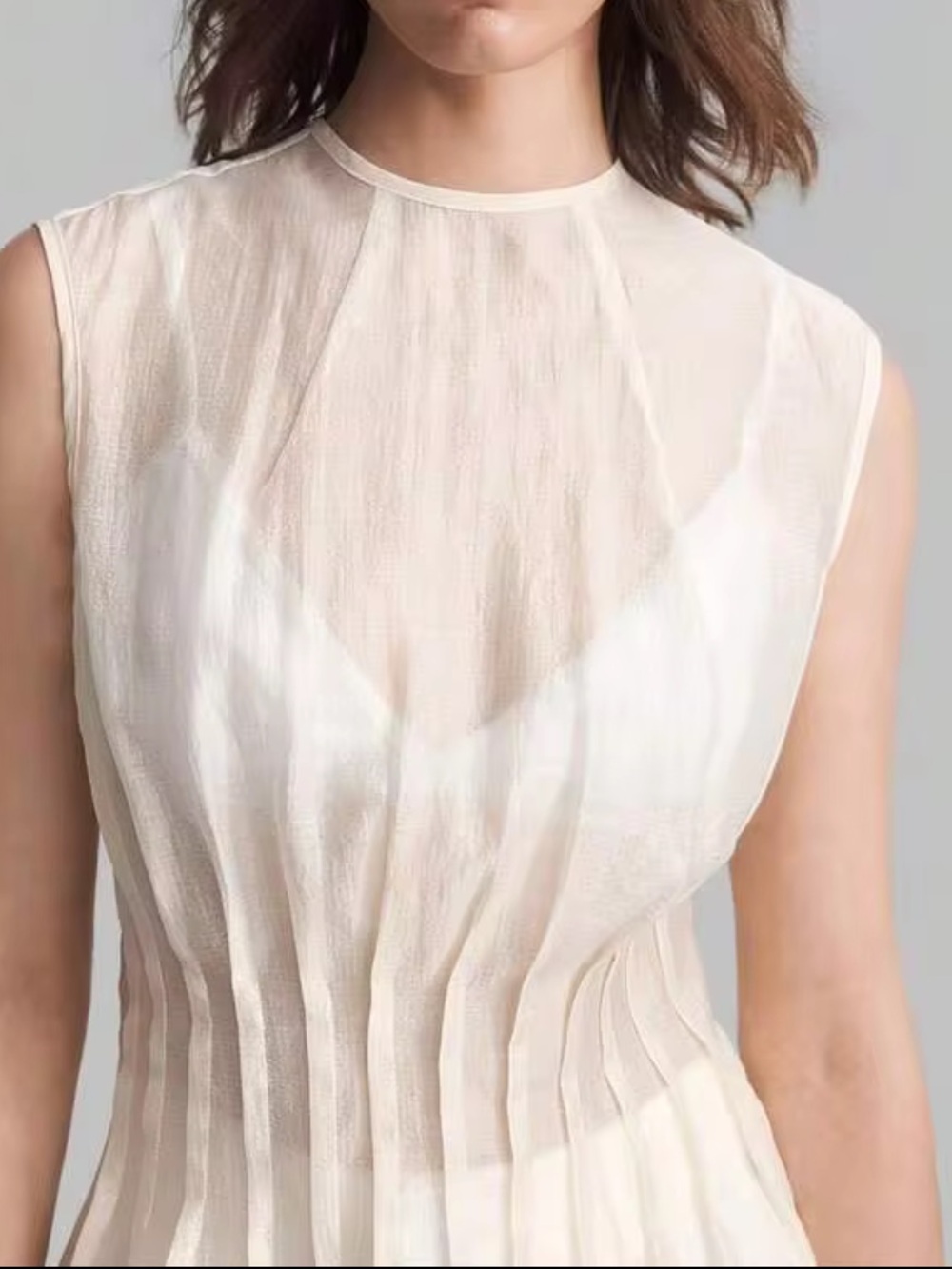 Organza semi sheer Ivory Cream Pleated Women's Top - Picture 3 of 7